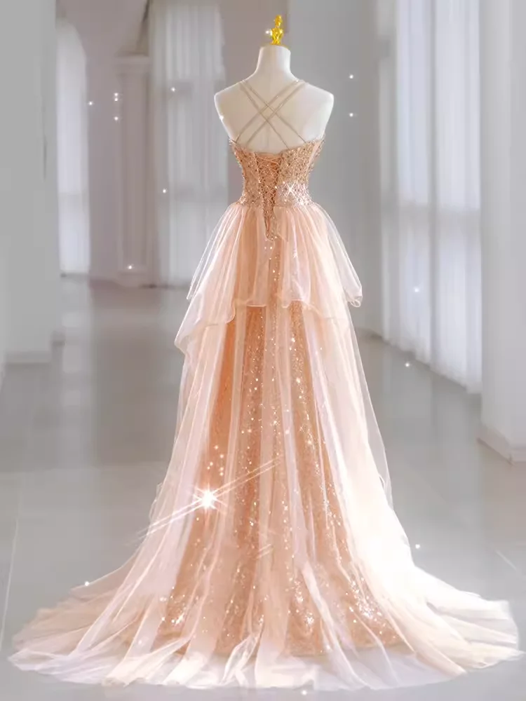 Vestido de fiesta de lentejuelas con cuello en V brillante, vestido de novia con abertura de tirantes finos, vestidos de noche formales, vestido de baile de tren de tul largo, 2024