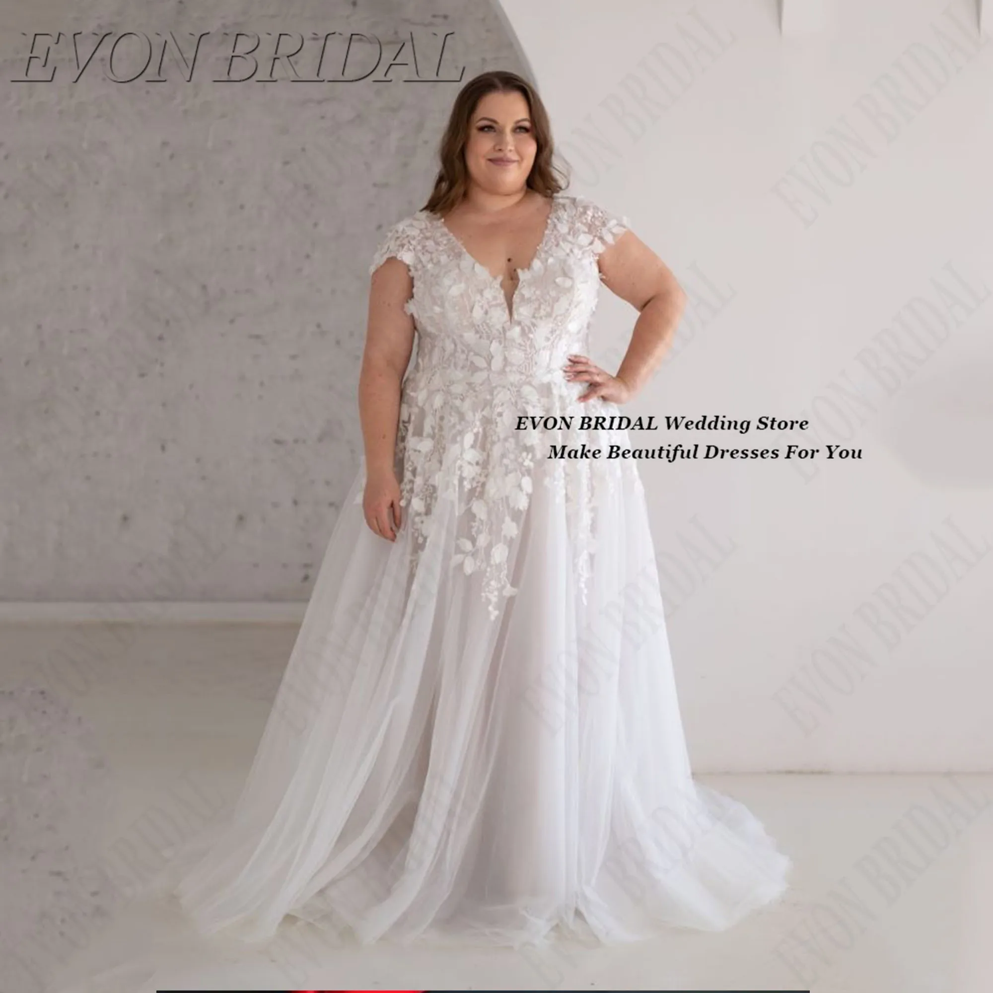 

V-Neck Vestido Casamiento A-Line Appliques Long Plus Size Wedding Dresses Civil Tulle Classic Brides Dress EVON BRIDAL Customize