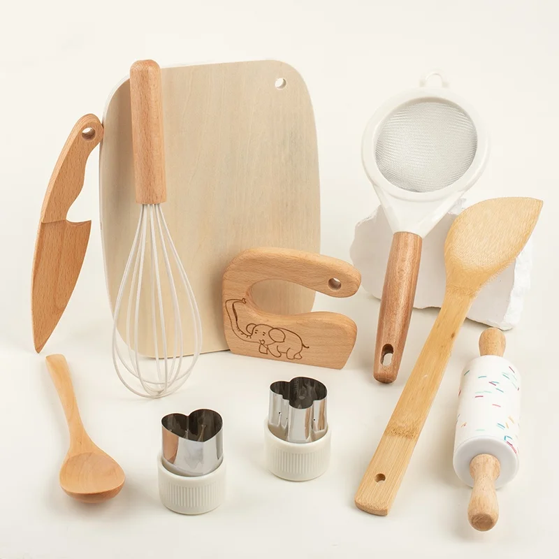 Wooden Kids Safe Knife and Kids Baking Set for Real Cooking,Kids Kitchen Toy Montessori Education Tools Gifts For Boys Girls