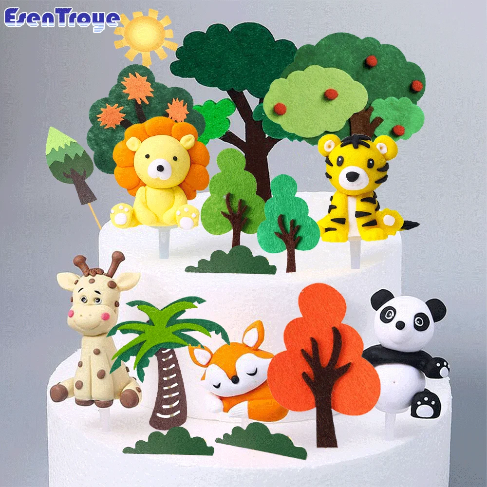 Jungle Safari Birthday Party Cake Topper Polymer Clay Animals Figurines Forest Small Tree Coconut Tree Cake Decoration Kids Gift