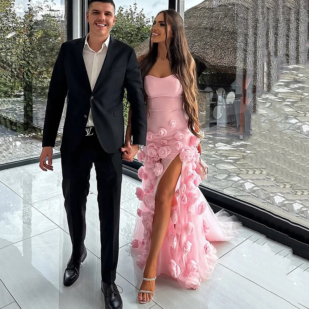 Msikoods – robe de soirée rose, élégante, fente haute, avec des appliques de fleurs 3D, sans bretelles, robe de bal, personnalisée, 2025