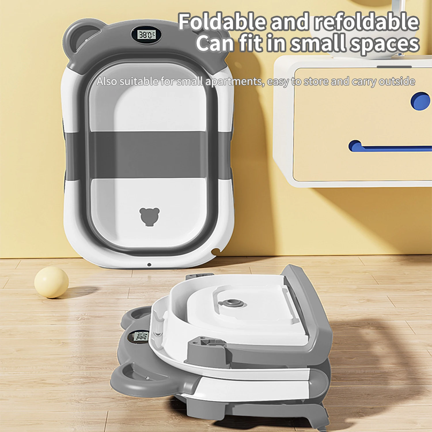 Bañera plegable para bebé con termómetro integrado, cojín antideslizante, ducha de viaje portátil, piscina de baño, accesorios de baño para bebé