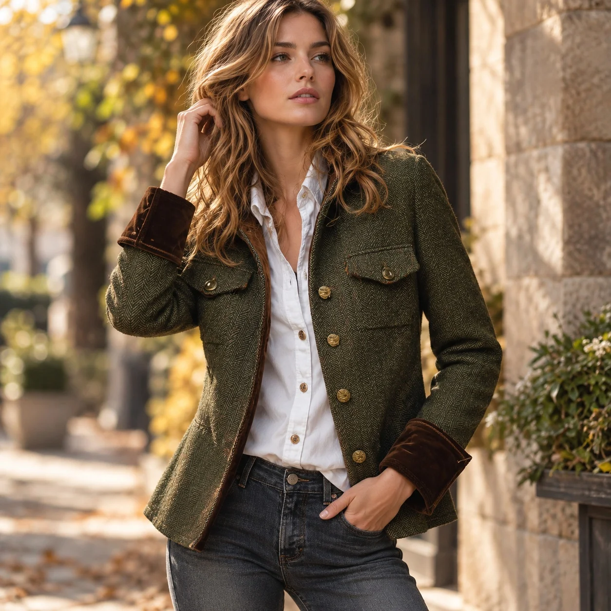 Regular Fit Long Sleeve Coat Literary Vintage with Button Detail Patchwork Construction Herringbone Pattern Women Autumn Coat