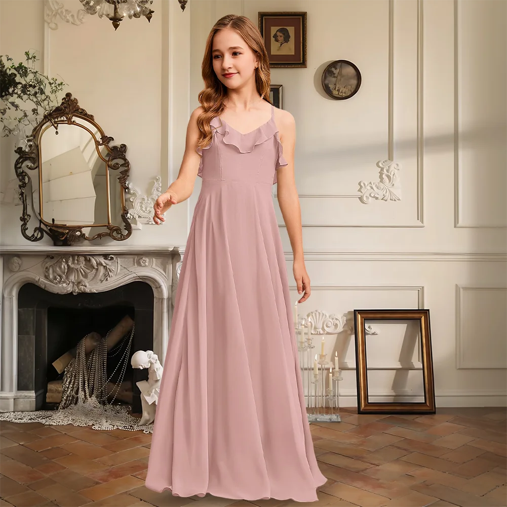 

Elegant A-Line V-Neck Floor-Length Chiffon Junior Bridesmaid Dress Agave Flower Girl Dress Girls Party Wedding Formal Occasion