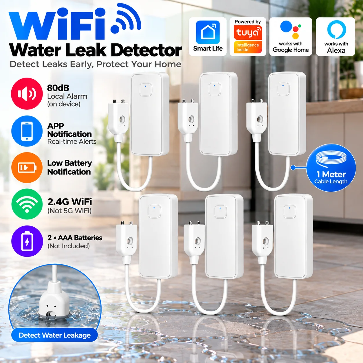 2.4G WiFi Smart Water Leak Sensor Water Overflow Level Detector Security 80DB Sound Alarm Flood Leakage Sensor Remote Monitor