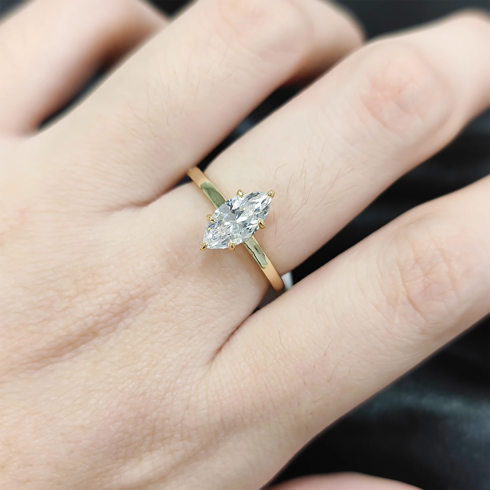 GEM'S BALLET 1.0CTW 5x10mm Freesia Hidden Halo Moissanite Solitaire Engagement Ring in 18k Gold Plated 925 Sterling Silver