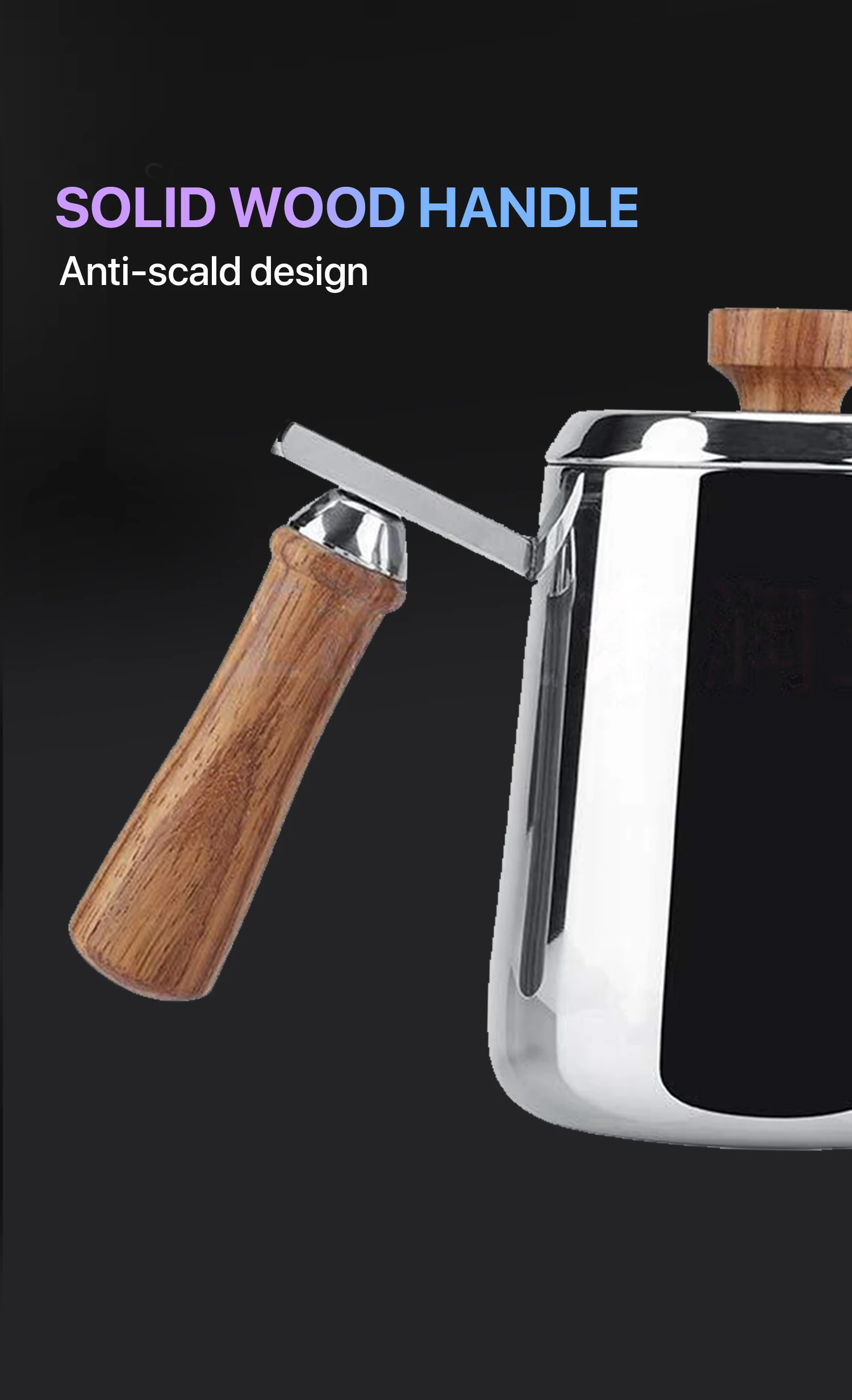 350/600ml Stainless Steel Drip Coffee Pot  Nonstick Gooseneck Drip Coffee Pot Wooden Handle Coffee Pot with Thermometer