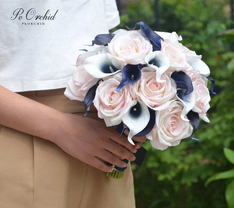 PEORCHID Navy Blue Blush Bridal Bouquets Rose Artificial Real Touch Flowers Calla Lily Wedding Flowers Bouquets Ramos De Novia