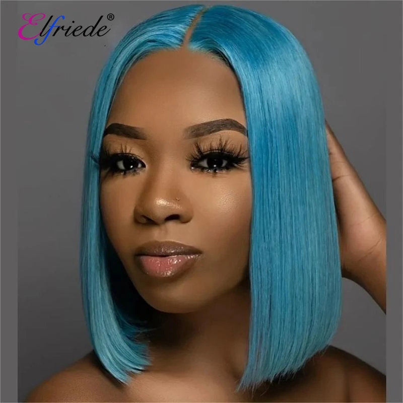 

Elfriede Sky Blue Bob Wig Lace Front Human Hair Wigs Straight 13x4 Lace Frontal Preplucked Short Bob Colored Hair Wigs for Women