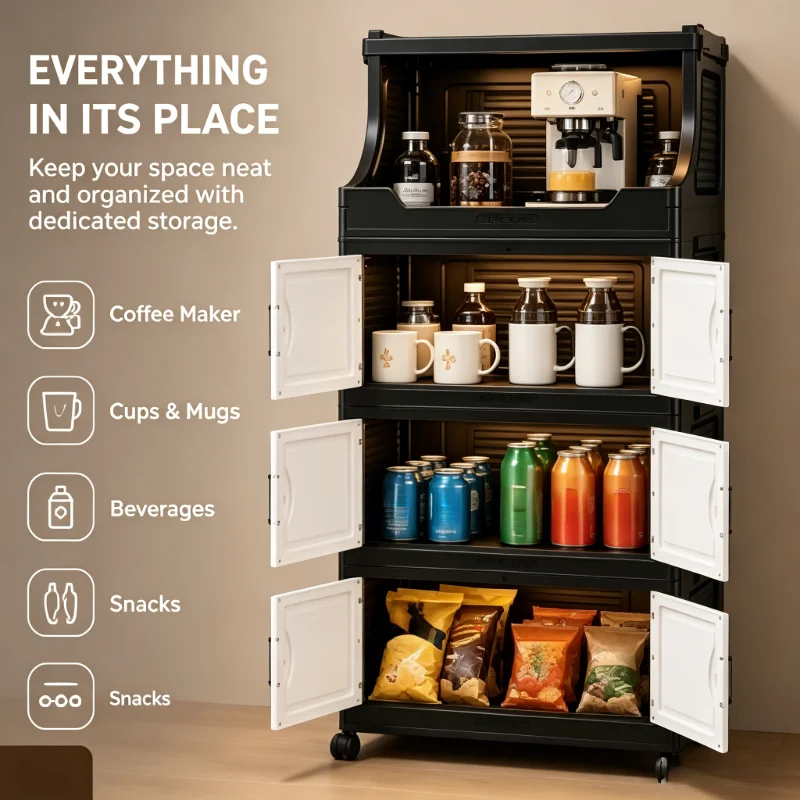 Black and white foldable storage cabinet, stackable folding rolling organizer with top shelf, flip doors, and wheels. Large capacity, multifunctional coffee bar cabinet, perfect for coffee areas, kitchen pantries, living rooms, snacks, mugs, coffee capsul