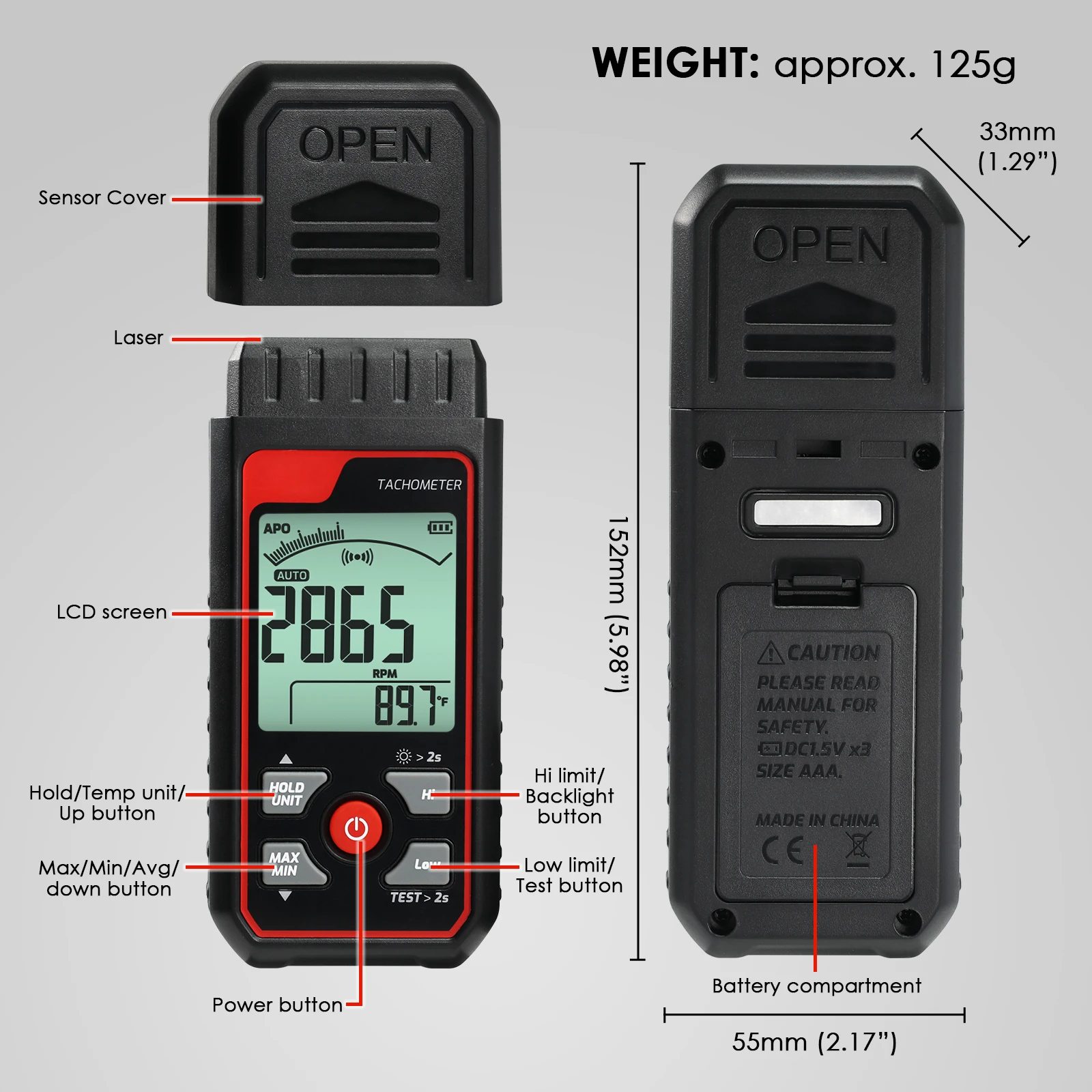 Professional Non-Contact Digital Laser Tachometer - 99,999 RPM High-Precision Speedometer with HI/LO Alarm & Temperature Display
