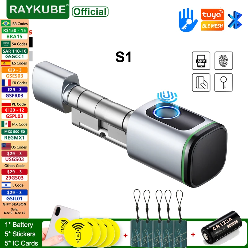 Raykube s1 com bateria cr123a tuya ble tt lock fechadura eletrônica inteligente com impressão digital para países do oriente médio da ue sa