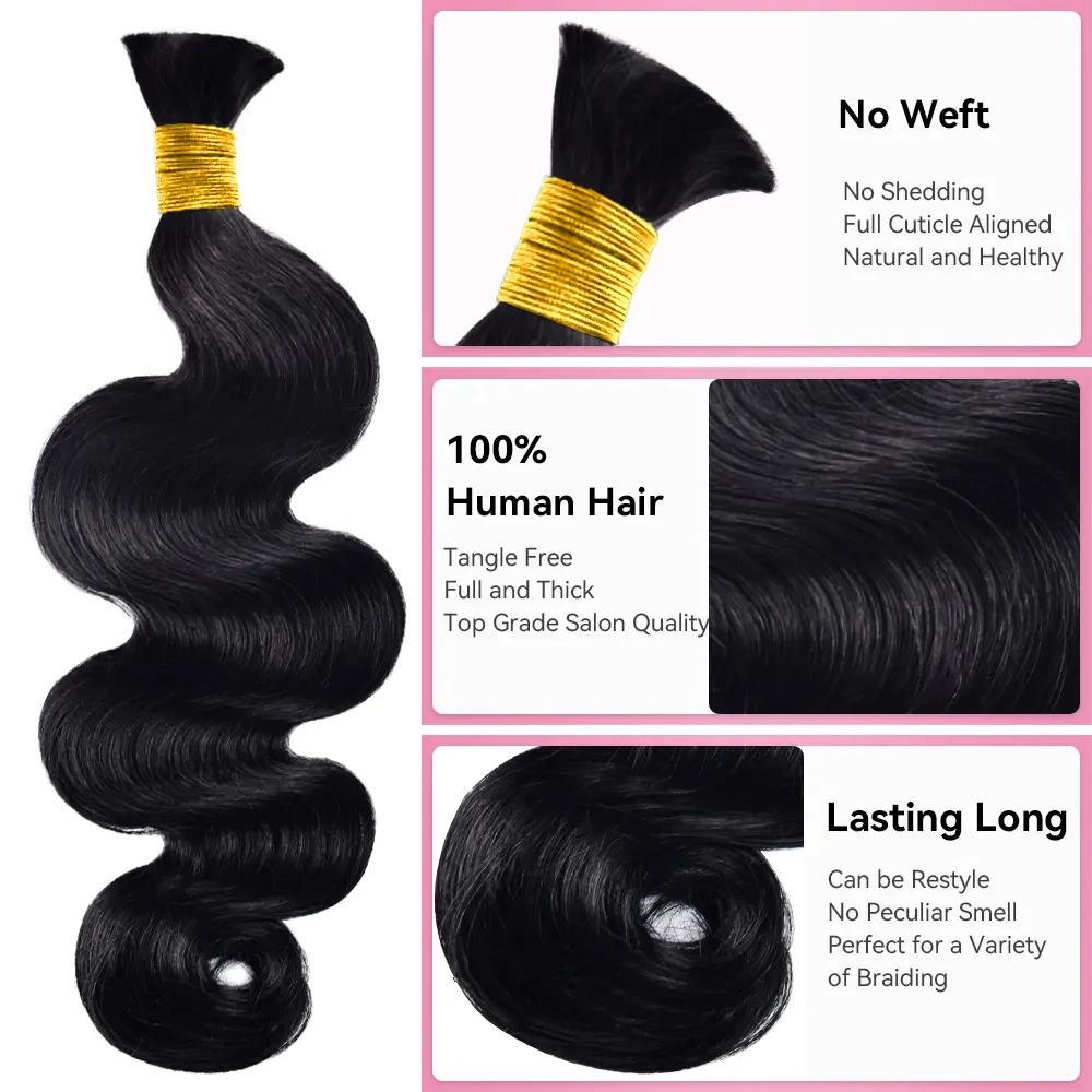 شعر بشري مموج للجسم لتضفير وصلات شعر بشري 22 24 26 شعر بشري رطب ومموج لضفيرة بوهو أسود طبيعي 1/2/3 #4