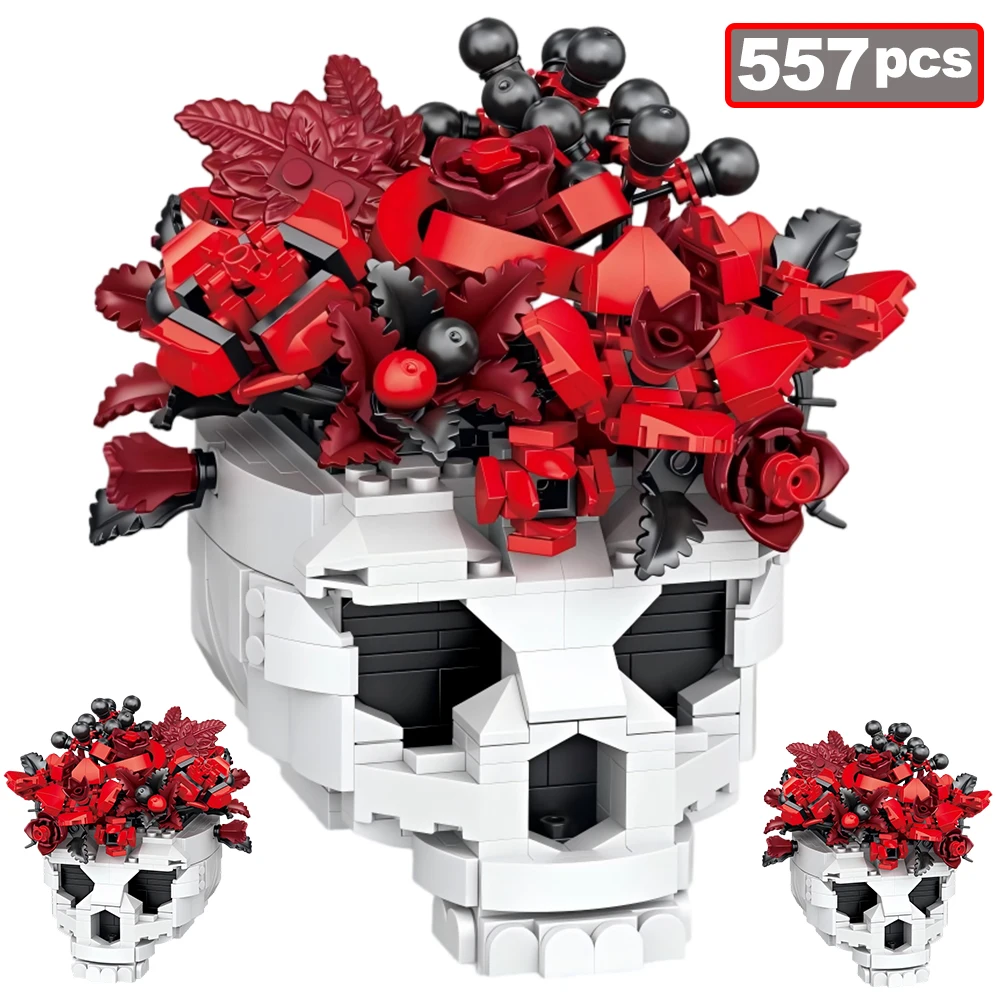 

557PCS MOC Roses Flower Skull Building Blocks Model City Home Decor Ornament Dark Horror Skeleton Bricks Set Adult Toys Gifts