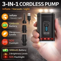 Bomba de Aire Eléctrica Portátil 3 en 1 con Luz |   Recargable de 1200 mAh |   Inflar y Desinflar |   Lámpara SOS para Camping