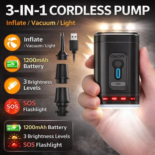 Bomba de Aire Eléctrica Portátil 3 en 1 con Luz | Recargable de 1200 mAh | Inflar y Desinflar | Lámpara SOS para Camping