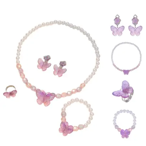 TRENDZ 4pcs Princess Jewelry Set – Butterfly Necklace Bracelet Ring Earrings Cute Beaded Jewelry for Kids Birthday gift