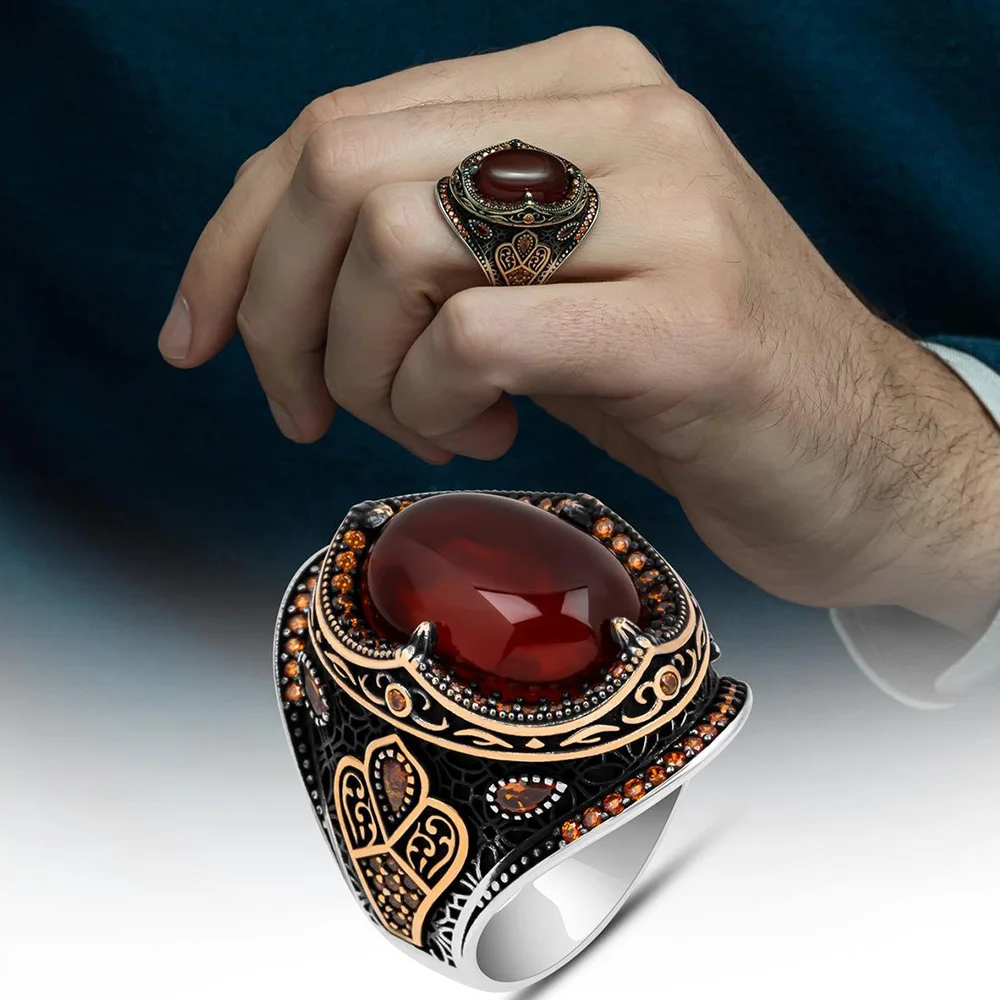 925 Sterling Silver Ring for Men Aqeeq Agate Stone Jewelry Fashion Vintage Gift Onyx Aqeq Mens Rings All Size