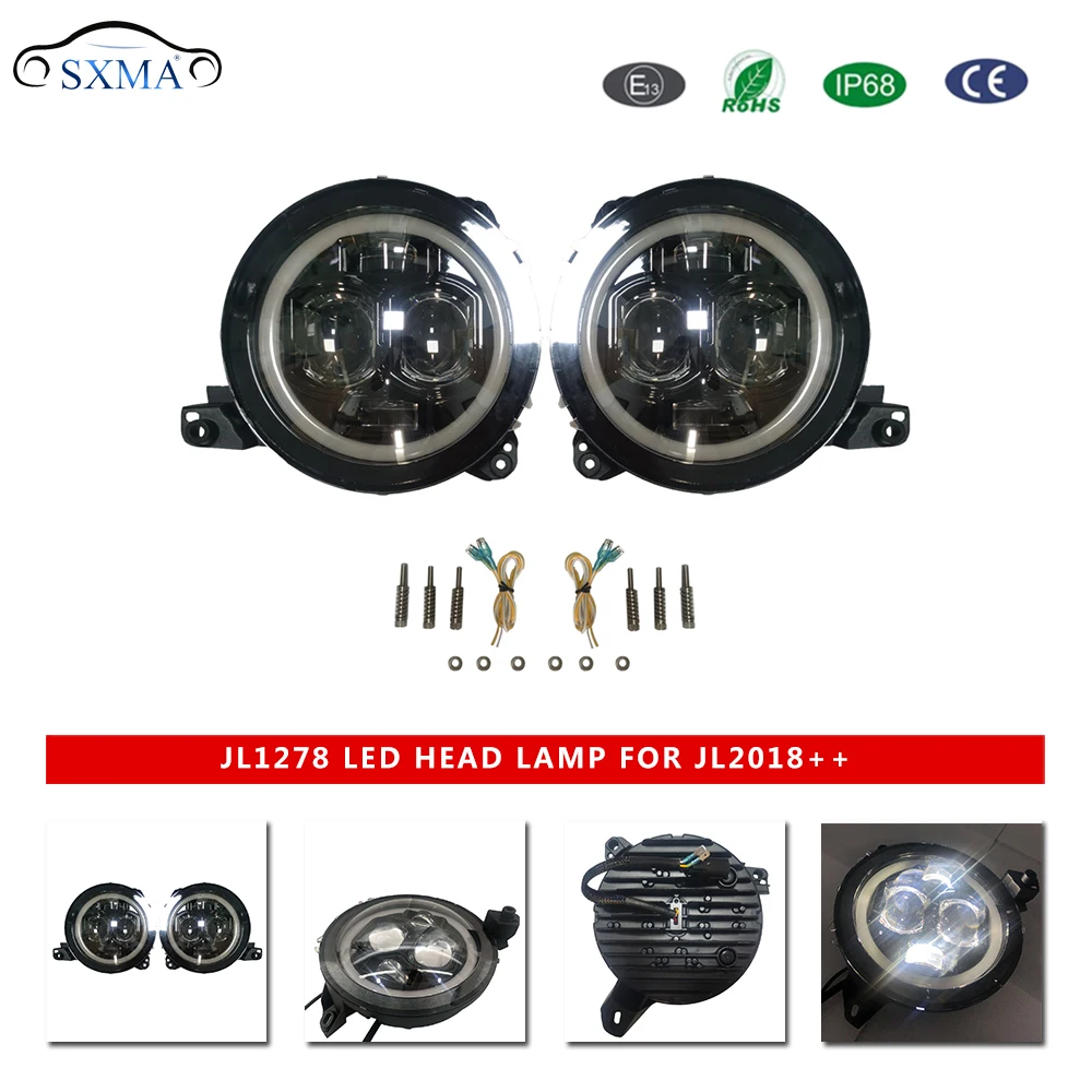 SXMA JL1278 Head Lamp Headlights Assembly 2pcs for Jeep JL for Wrangler 2018++, Front Round Bright Light Plug and Play