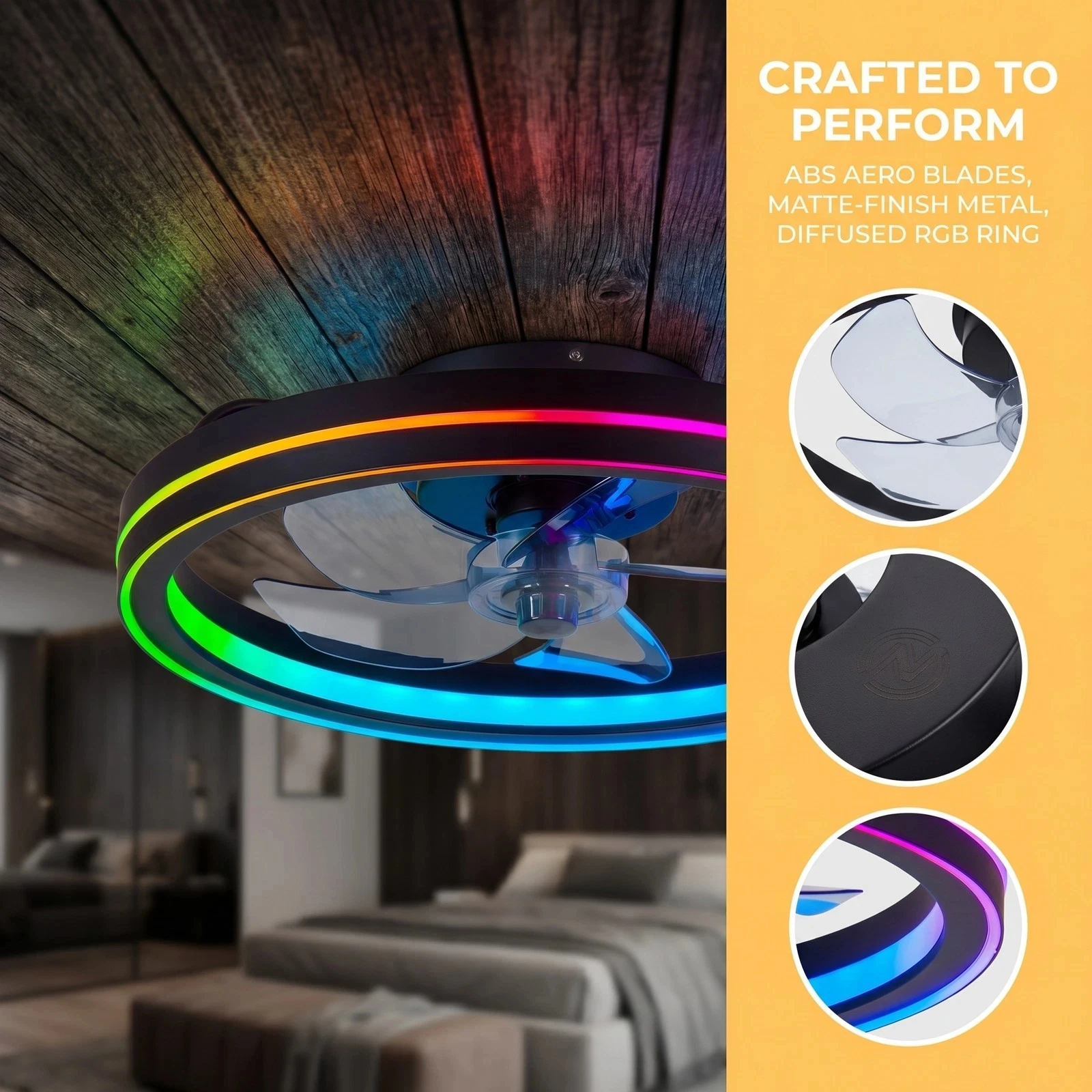 19-inch smart fan light (with RGB lighting), recessed installation, supports remote and APP control, and dimming.