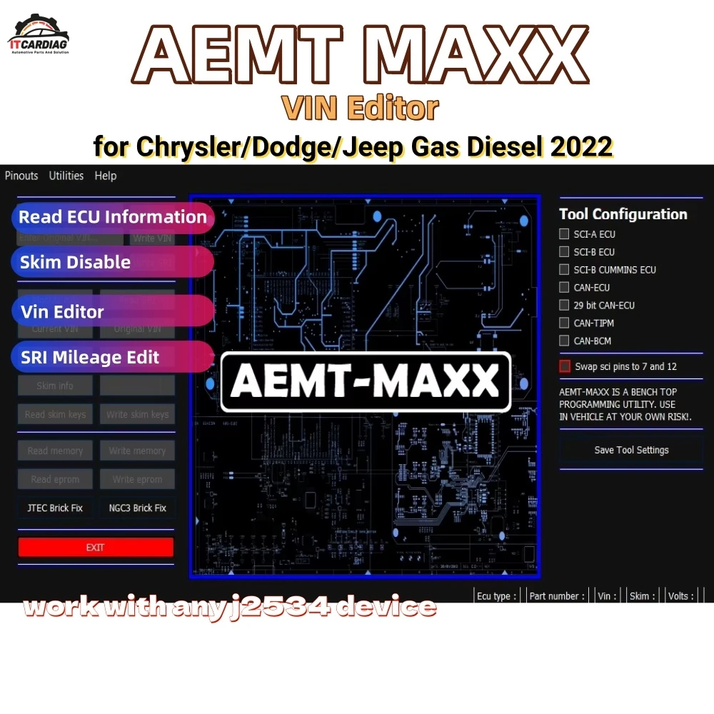 AEMT MAXX VIN Editor Program for Chrysler PCM Edit Skim Security Use GPEC for Chrysler/Dodge/Jeep Gas Diesel Support J2534 Win10