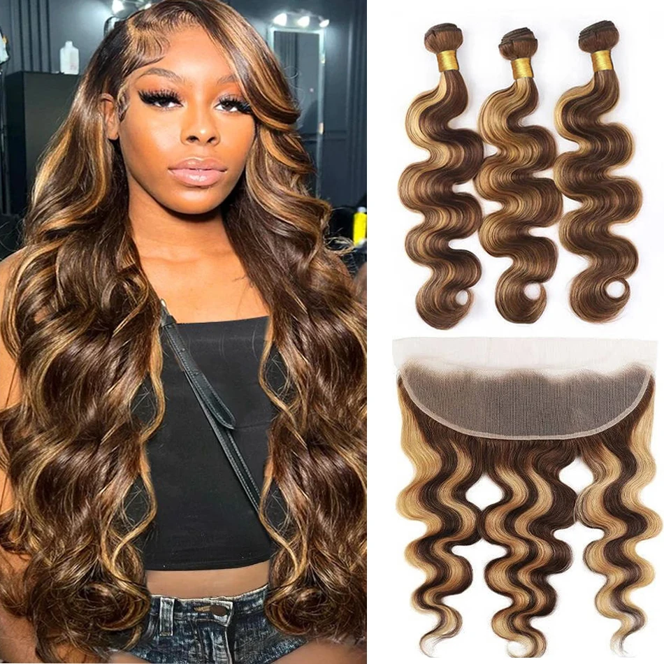 

4/27 Body Wave Bundles With Frontal Ombre Highlight Brazilian 3/4 Bundles With 13x4 Lace Frontal Closure 100% Human Hair Bundles