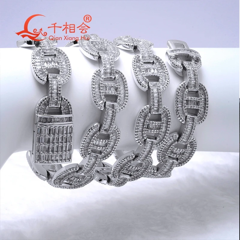 

Bracelet 15mm Silver 925 baguette pig nose Cuban Link Iced Out Hip Hop D VVS Moissanite Link Chain Jewelry for Women Men Gifts