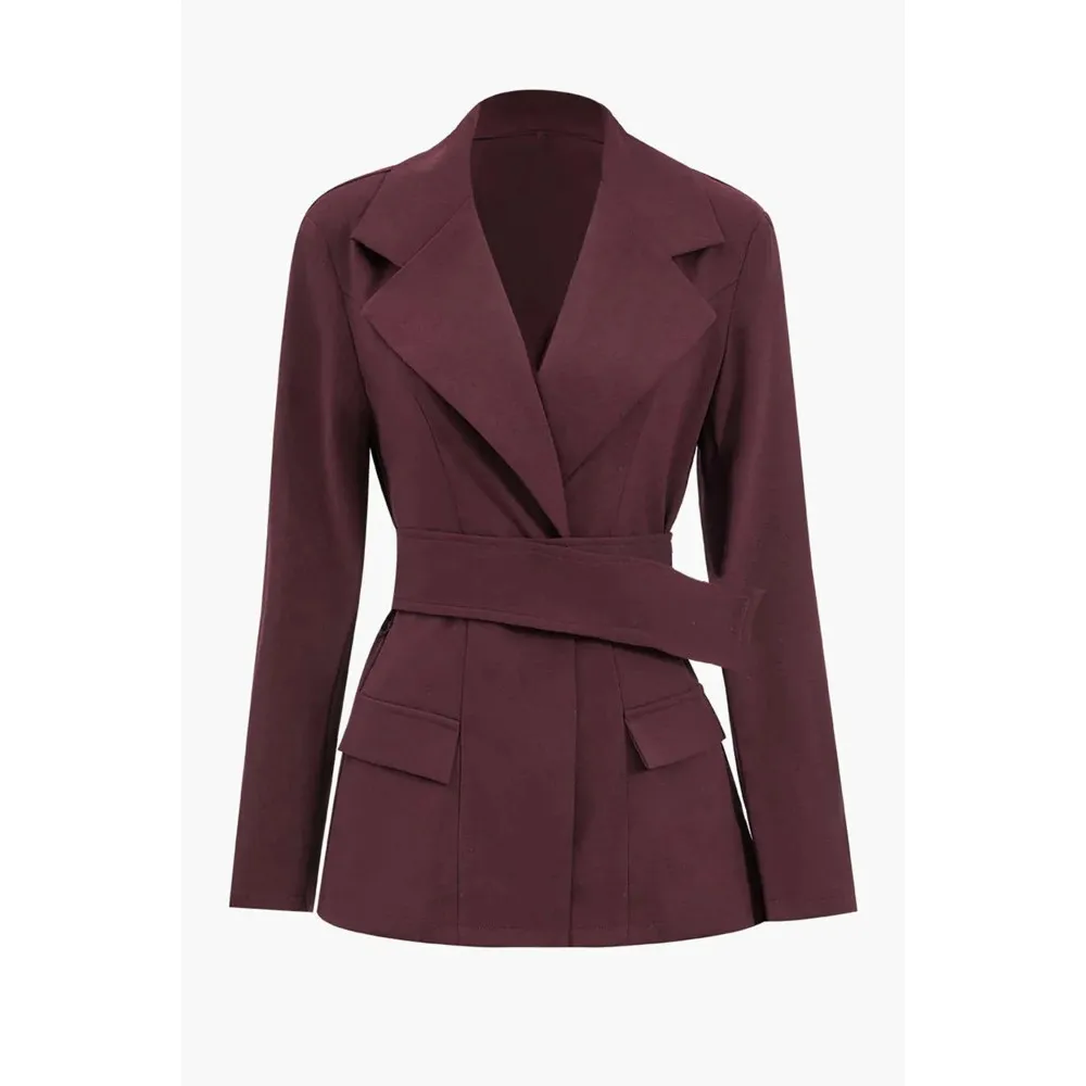

Women's Slim Fit Burgundy Blazer Tie Waist Formal Business