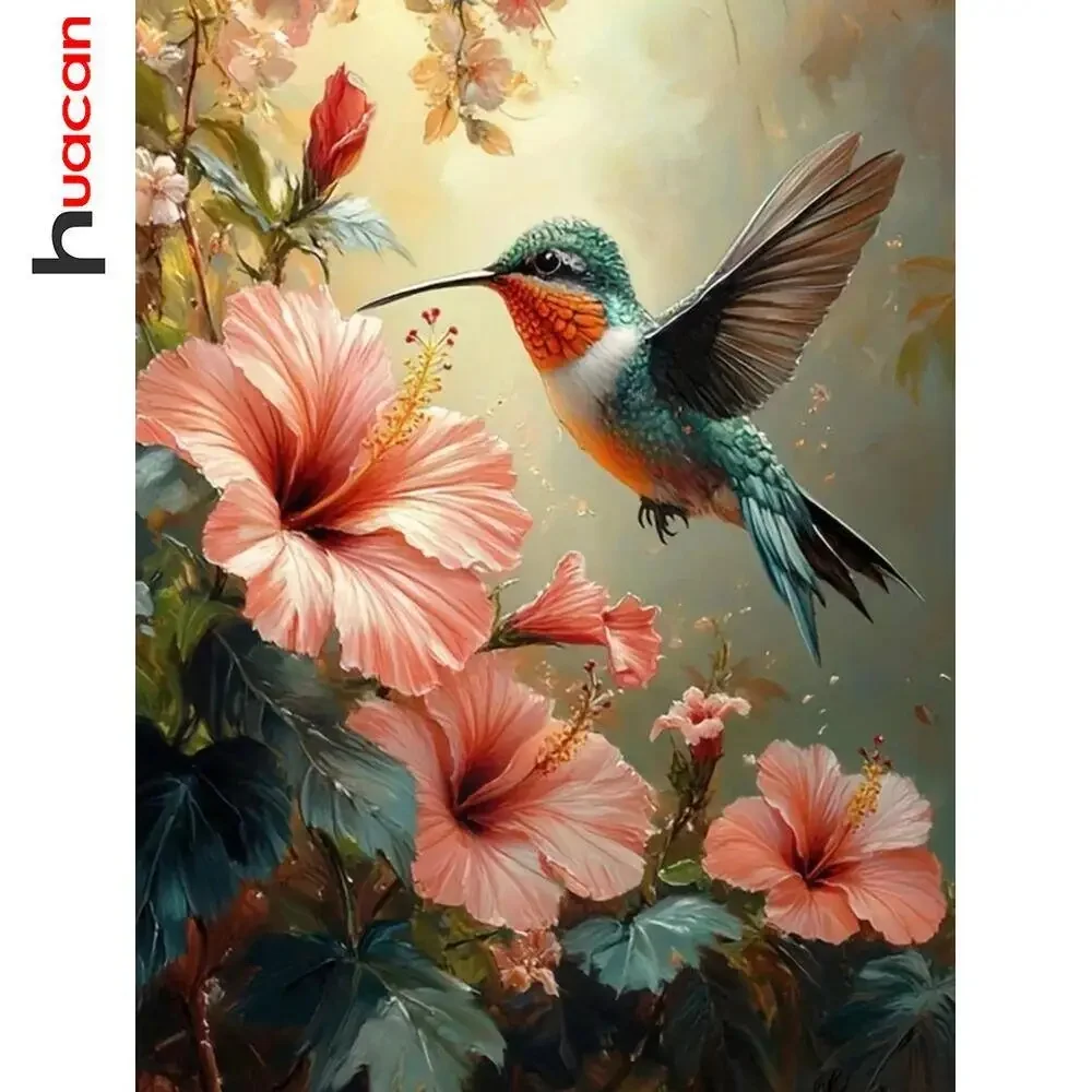 Huacan Diamond Painting Art Craft Vogel Dier Roze Bloemen Volledige Ronde Vierkante Diamanten Mozaïek Woonkamer Art Craft - afbeelding 2