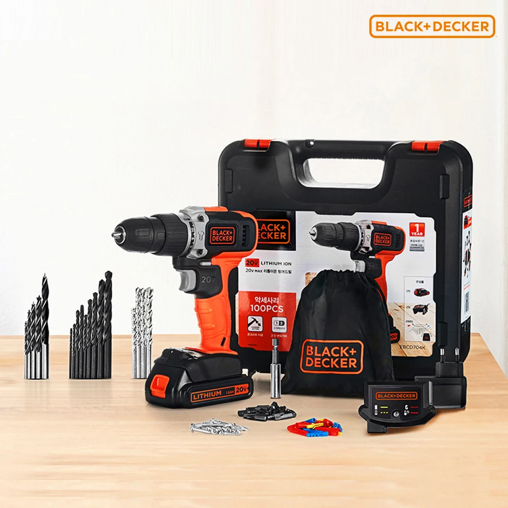 [Black & Decker] 20V Wireless Charging Hammer drill EBCD 704K Bit Set (100pcs) with hard case