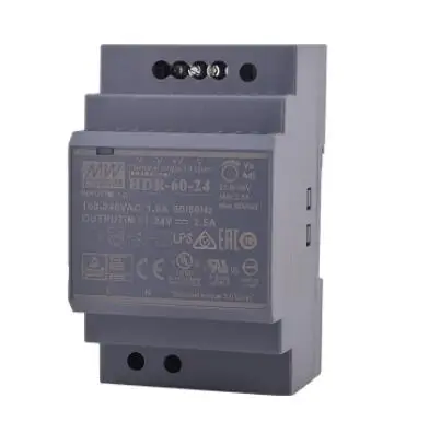 DR-60-24ใหม่ HDR-60-24 AC-DC Ultra Slim DIN Rail Power Supply; อินพุตช่วง85-264VAC; เอาต์พุต24VDC ที่2.5A; Pass LPS