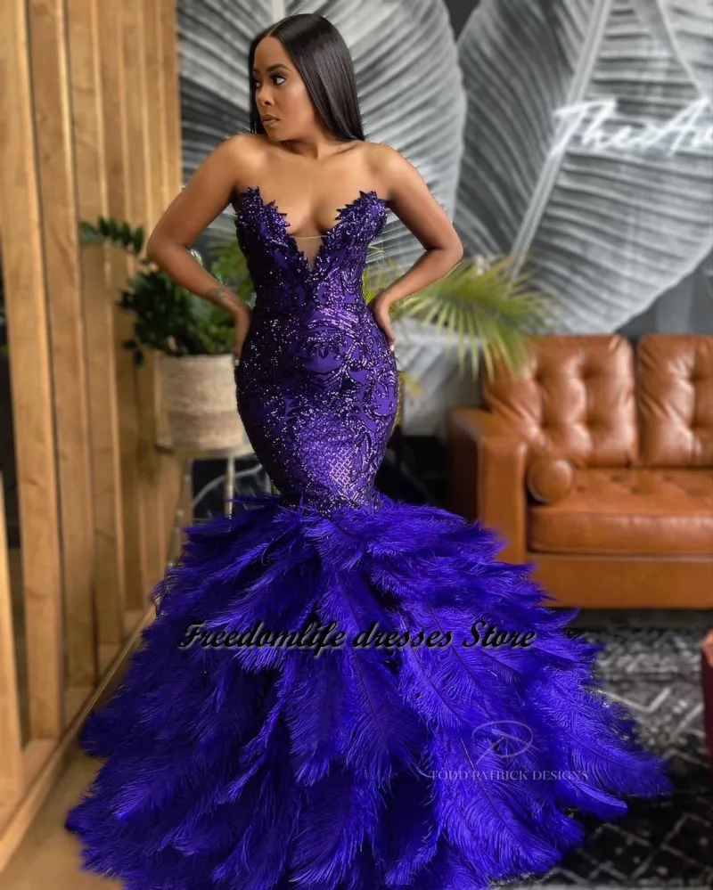 Sexy roxo penas sereia vestidos de baile 2022 querida lantejoulas africano meninas vestidos de festa à noite robe de soirée de mariage