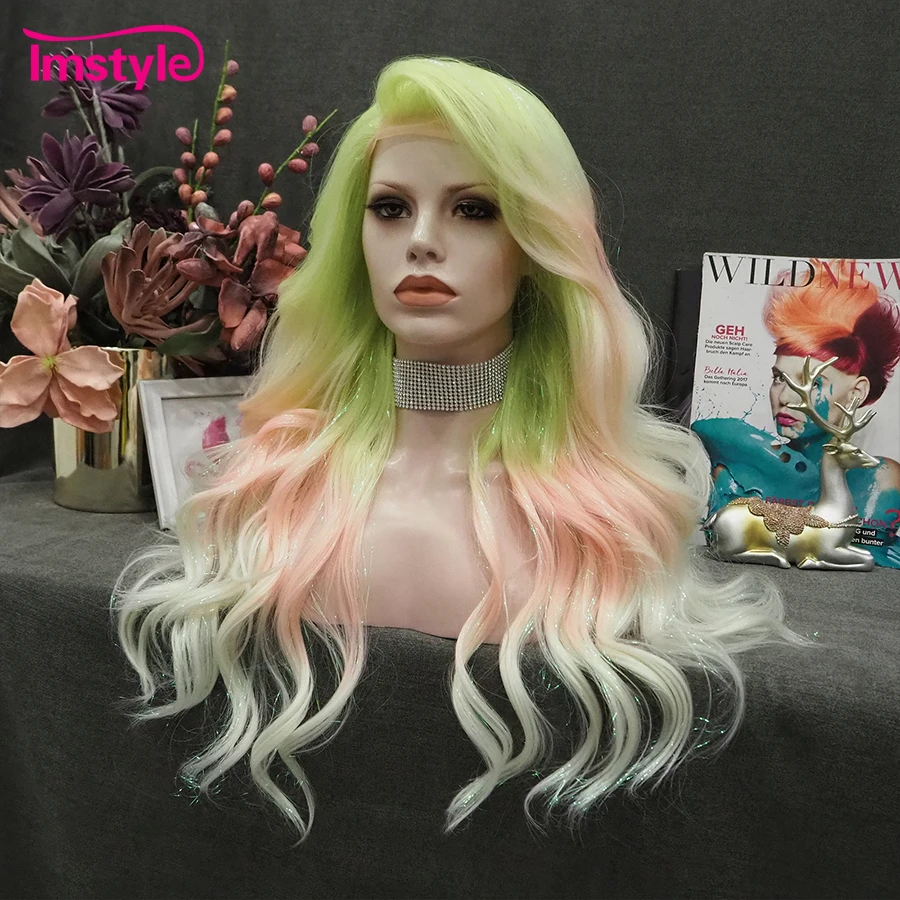 Imstyle Synthetic Lace Front Wig Tinsel Wig Ombre Green Pink Wig Long Wavy Wig For Party Drag Wig