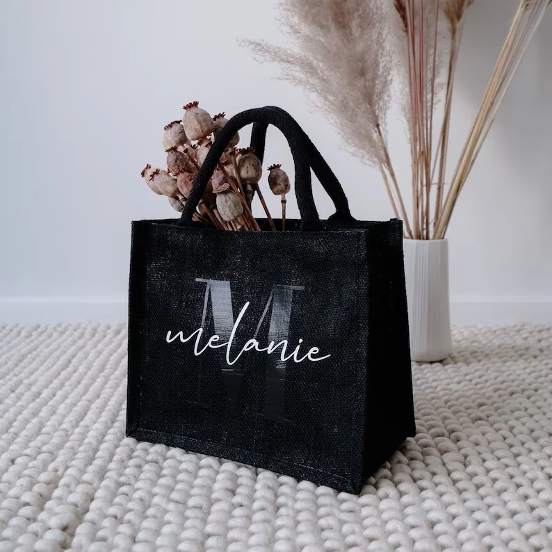 

Personalized Black Jute Bag with Initial and Name Bachelorette Party Mother's Day Shopping Bags Teacher Farewell Gift Idea Bag