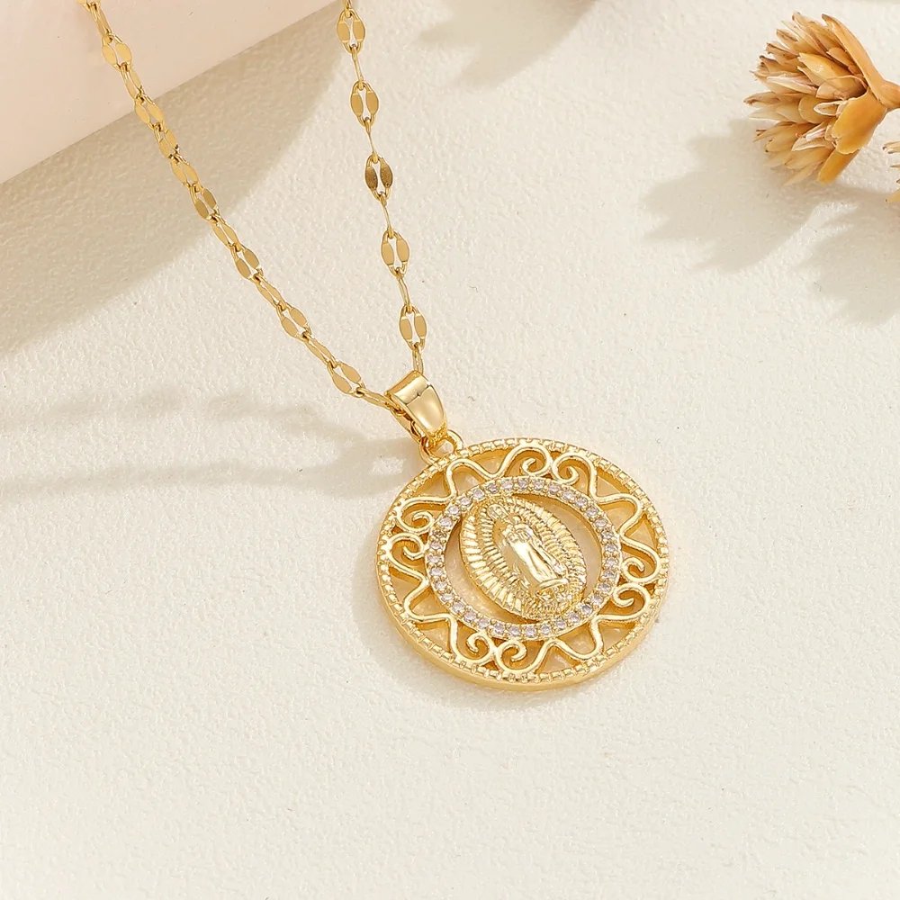 Retro Fashion Our Lady Series Necklace For Women Micro-inlaid Colored Zircon Round Necklace For Family Gift