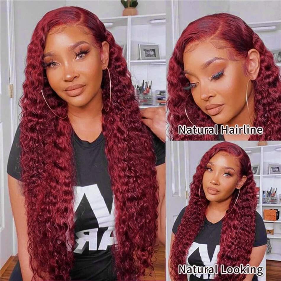 Krullend Bordeauxrood 13X6 Hd Lace Frontale Pruik Human Hair Brazilian 99j Rood Gekleurd Deep Wave 13X4 Lace Front Human Hair Pruiken Voor Vrouwen