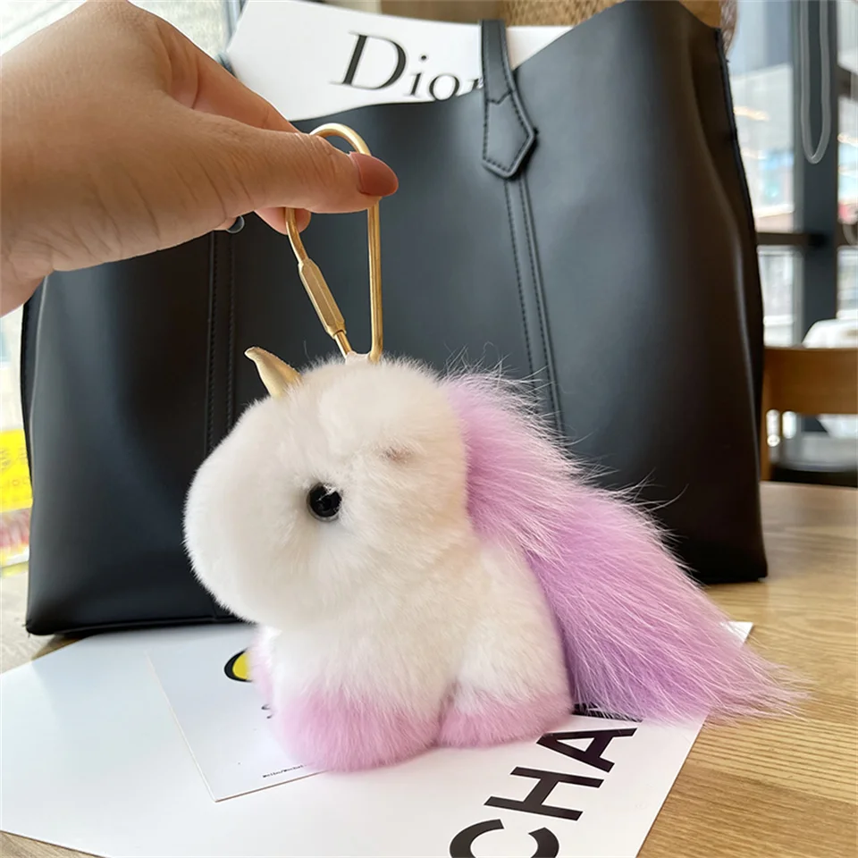 Fluuffy Cute Unicorn Bag Charm Real Rex Rabbit Fur Key Ring Backpack Clips Handbag Key Accessories Bag Charms For Girl Women