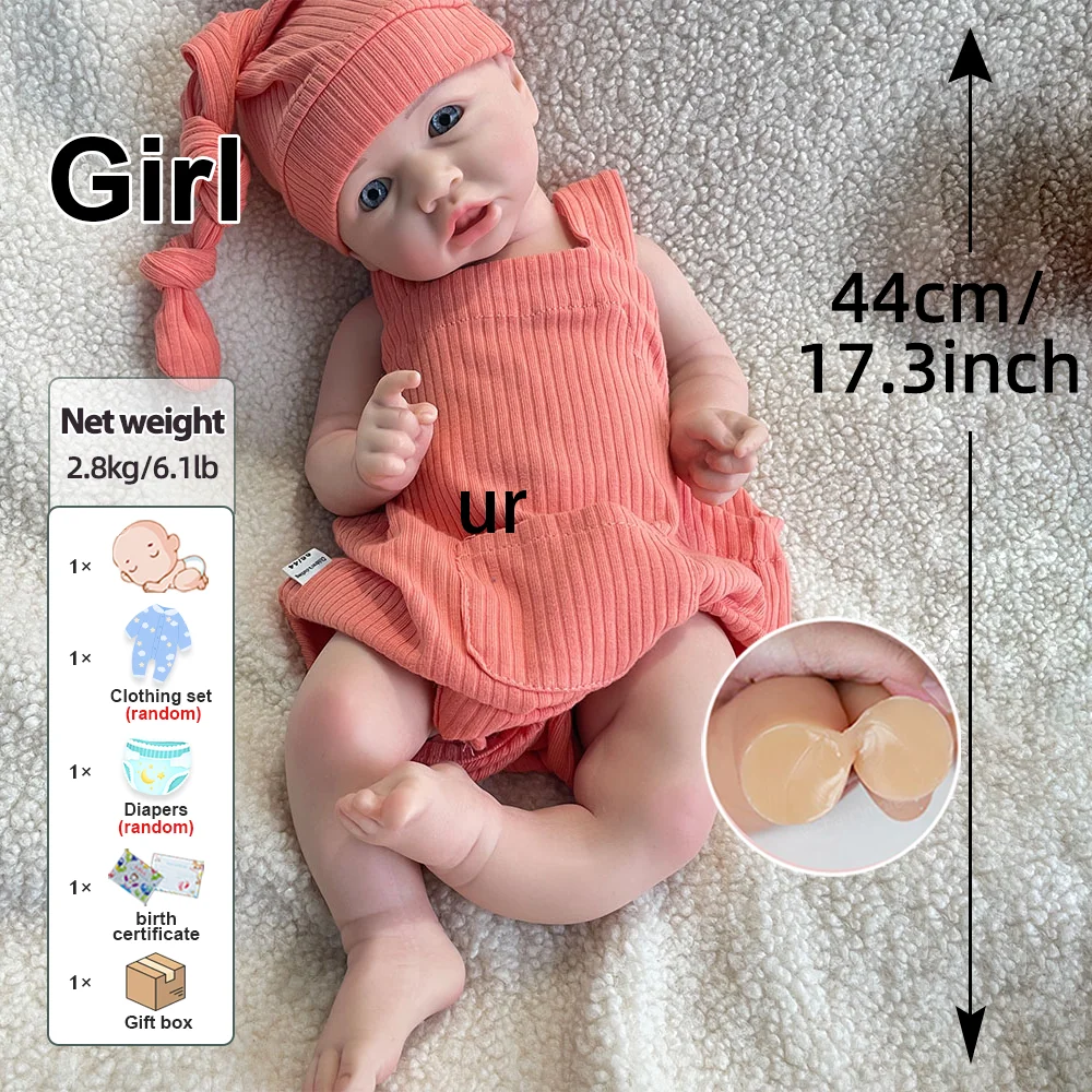 부드러운 유연한 수제 페인트 실리콘 신생아 아기 인형, 사랑스러운 아기 인형, 3 세 이상 어린이 장난감, 17 인치