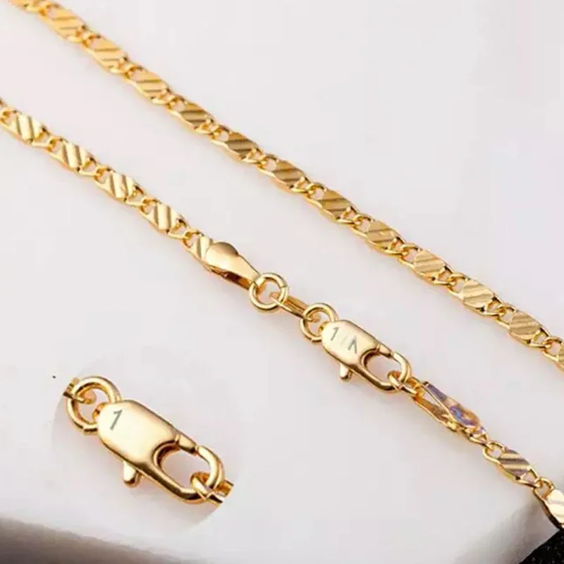 Mode 18 Karat Gold Halskette 2mm 16/18/20/22/24/26/Zoll Seiten kette Halskette für Frauen Männer
