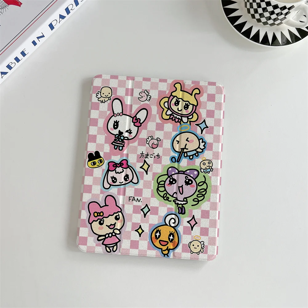Pink Checkered Tamagotchi Love Sticker Print iPad Case Tri-fold Stand Cover For 2024 iPad 11 Inch A16 Air 5 Air4 iPad 10 10.9 9.