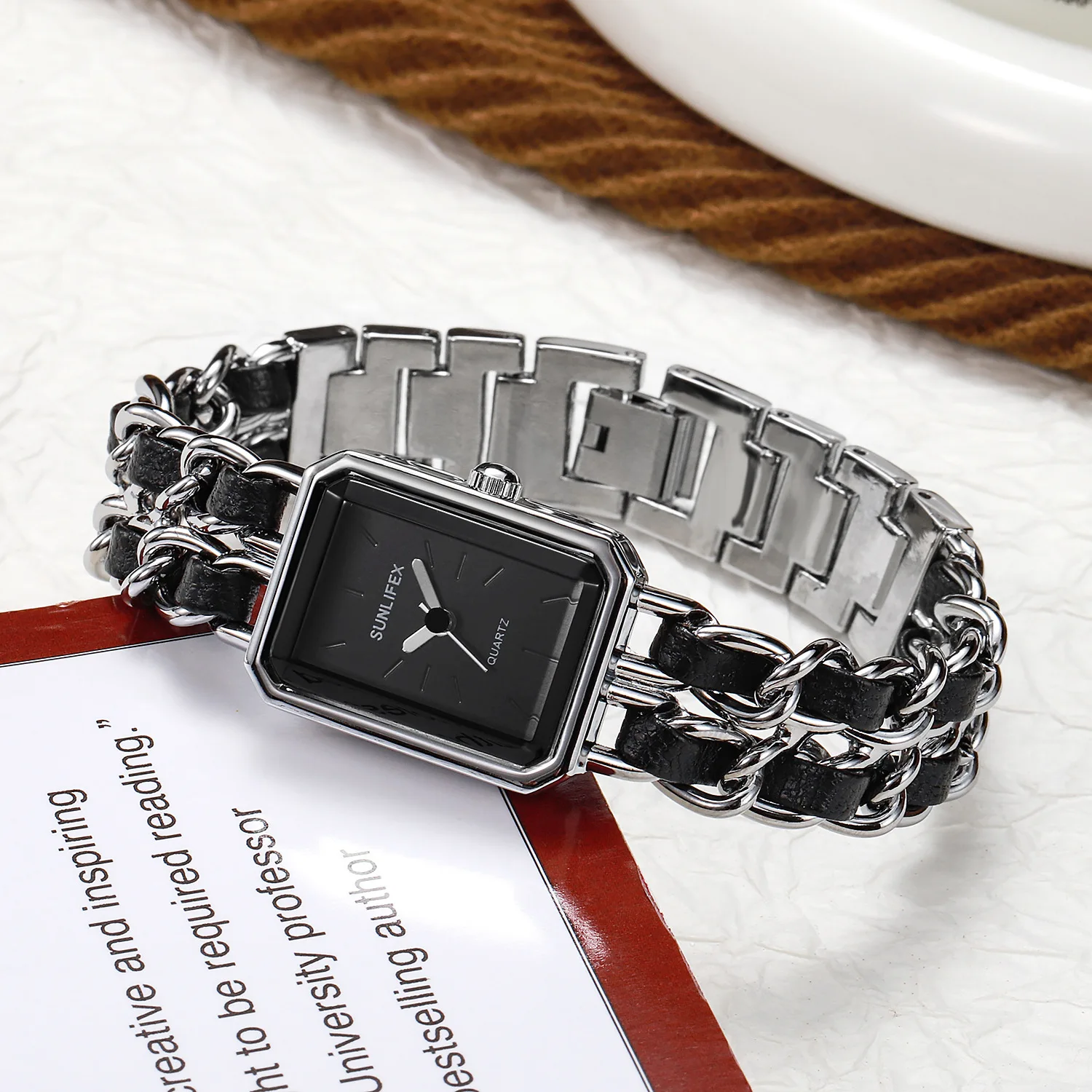 KAIRIS Women's Black Rectangle Quartz Watch Stainless Steel Chain Bracelet Fashion Elegant Luxury Wristwatch