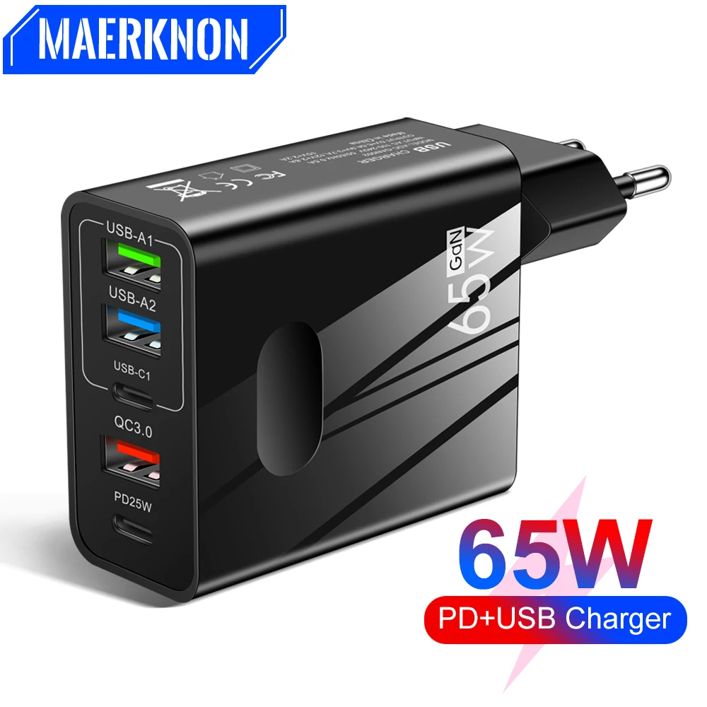 GaN Charger 65W USB Charger 5 Ports Type C PD Charge Fast Charging For IPhone 15 Pro Samsung Xiaomi Huawei Mobile Phone Adapter