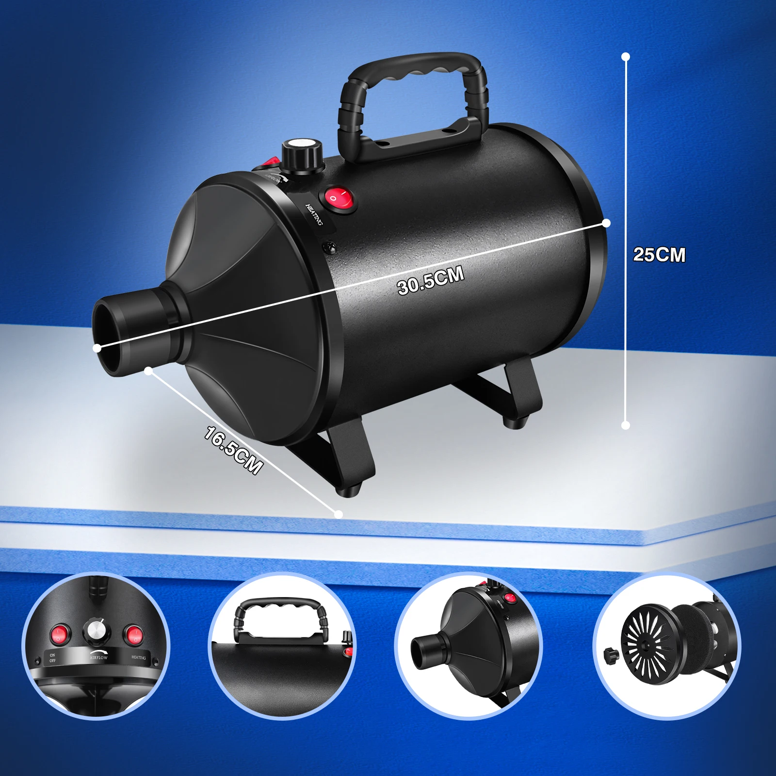 Secador de Pelo para Mascotas – 2800W de Alta Potencia, Ajuste de Velocidad Continuo de 50-100m/s, 2 Temperaturas (35/65) ℃ Aspiradora con 4 Boquillas, Bajo Nivel de Ruido 50dB, Manguera Extensible de 2.3m