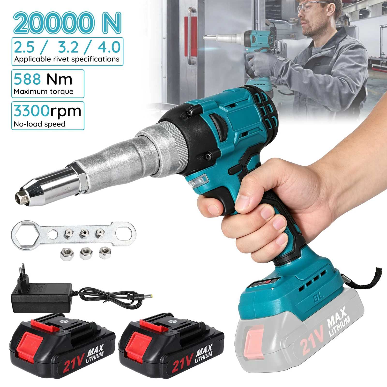 Bürstenlose elektrische Nietpistole 588 Nm 20000N, automatische Drucknietpistole 2,4-5,0 mm, Nietmutternpistole, Bohrmaschine, Edelstahl-Ziehnietpistole für Makita 21V Akku