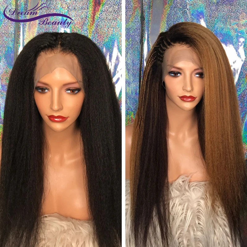 

180% Ombre Blonde Kinky Straight Wigs For Women Natural Color 13X4 HD Lace Front Human Hair Wigs Brazilian Remy Hair