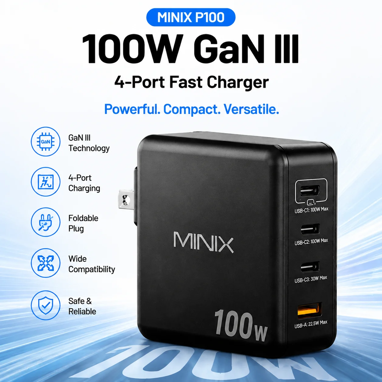 MINIX P100 100W GaN III USB C Charger, 4-Port PD Fast Wall Charger for MacBook Pro Laptop iPhone 17 Galaxy S25, Travel Adapter
