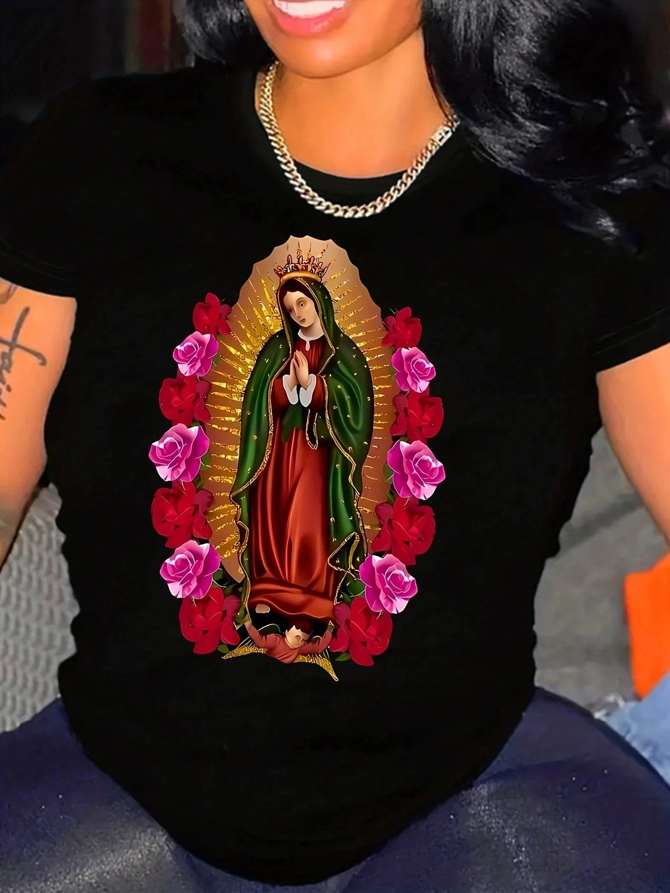 

Womens Tee Shirt Blessed Virgin Mary Print T-Shirt Short Sleeve Women Round Neck T-Shirt Spring Summer