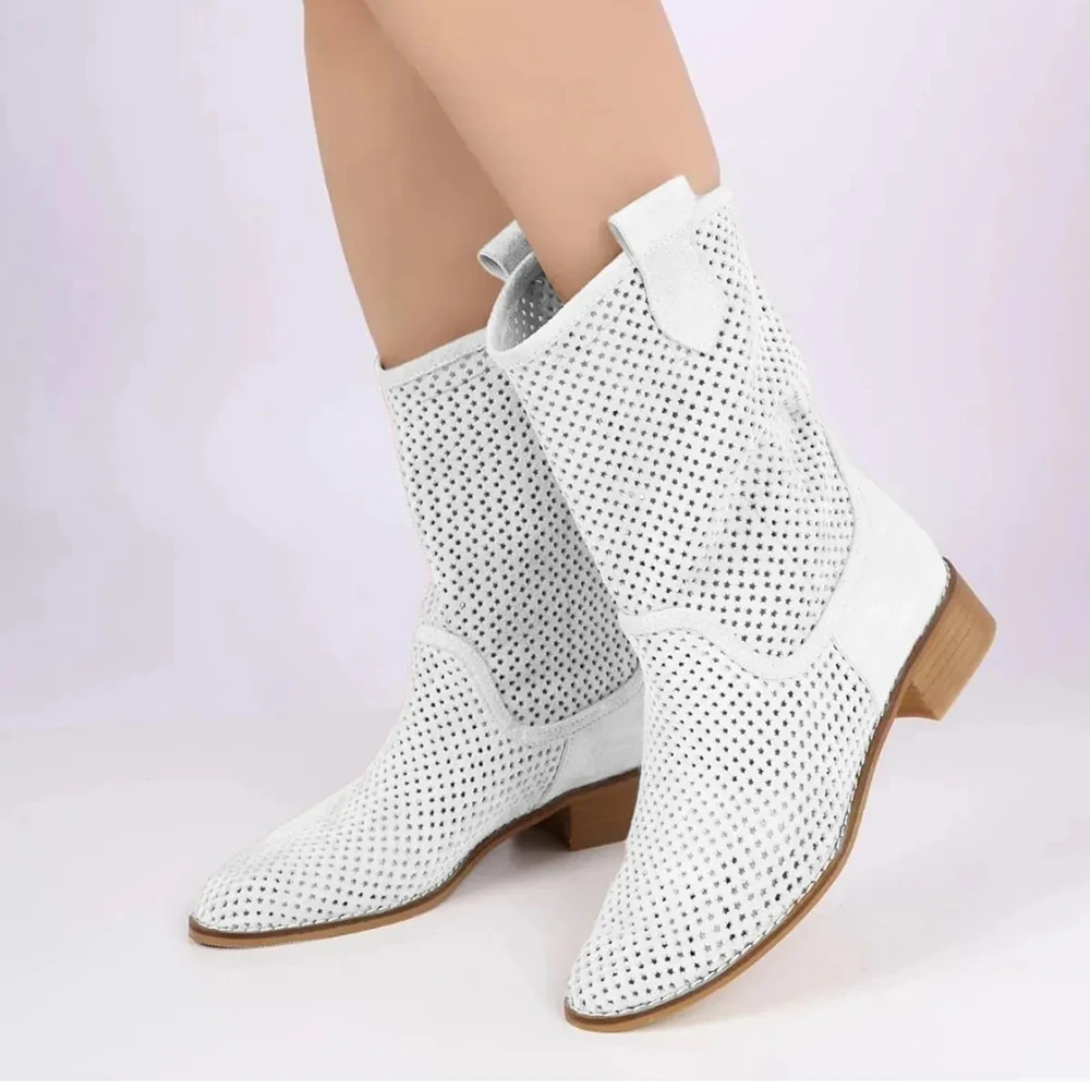 

White Suede Cowboy Boots for Women Square Toe Boots Summer Shoes for Women 2023 Big Size 35-44 Low Heel Pumps Shoe for Women