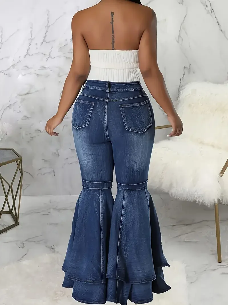Women's High Waist Elastic Retro Flared Pants - Long Denim Flared Trouser Jeans for Classic 70s Style - 2025 Fashion Stretch Bel