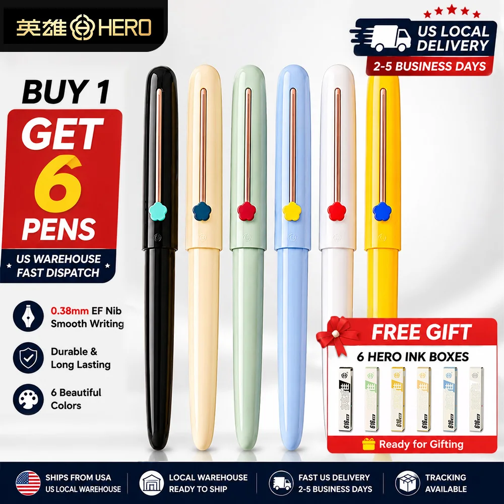 6Pcs Hero 616 Nova Hooded Iridium Fountain Pen Bulk Pack EF 0.38mm, Each Pen Equipped with Rotary Ink Converter & 2 Ink Cartridges, Macaron Colors Correct Grip Pen for Students Writing Stationery Wholesale
